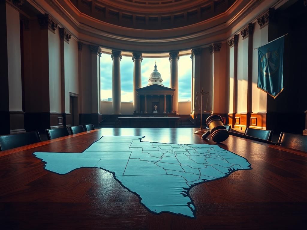 Flick International A detailed map of Texas and Illinois on a wooden table in the Illinois state capitol, symbolizing political tension during a redistricting battle.