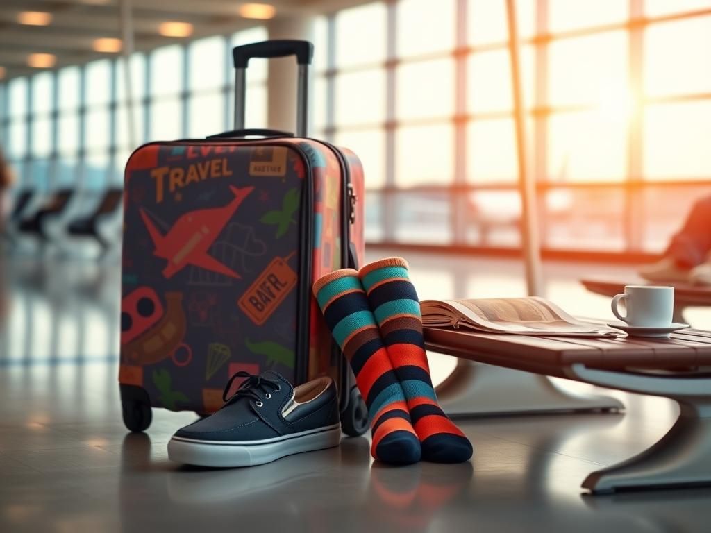 Flick International Cozy airport scene with stylish slip-on sneakers and colorful compression socks
