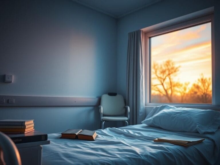 Flick International serene hospital scene during twilight with hospital bed and books symbolizing recovery and faith