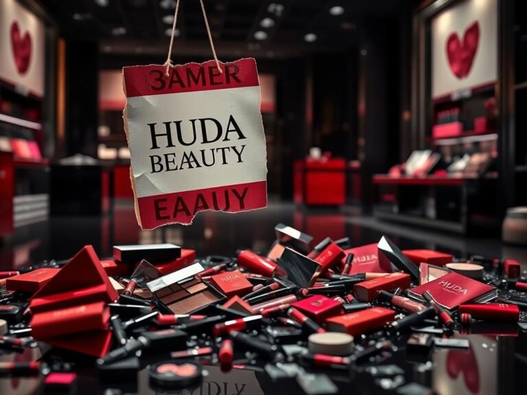 Flick International Shattered cosmetic display in a high-end makeup store with Huda Beauty products scattered on the floor