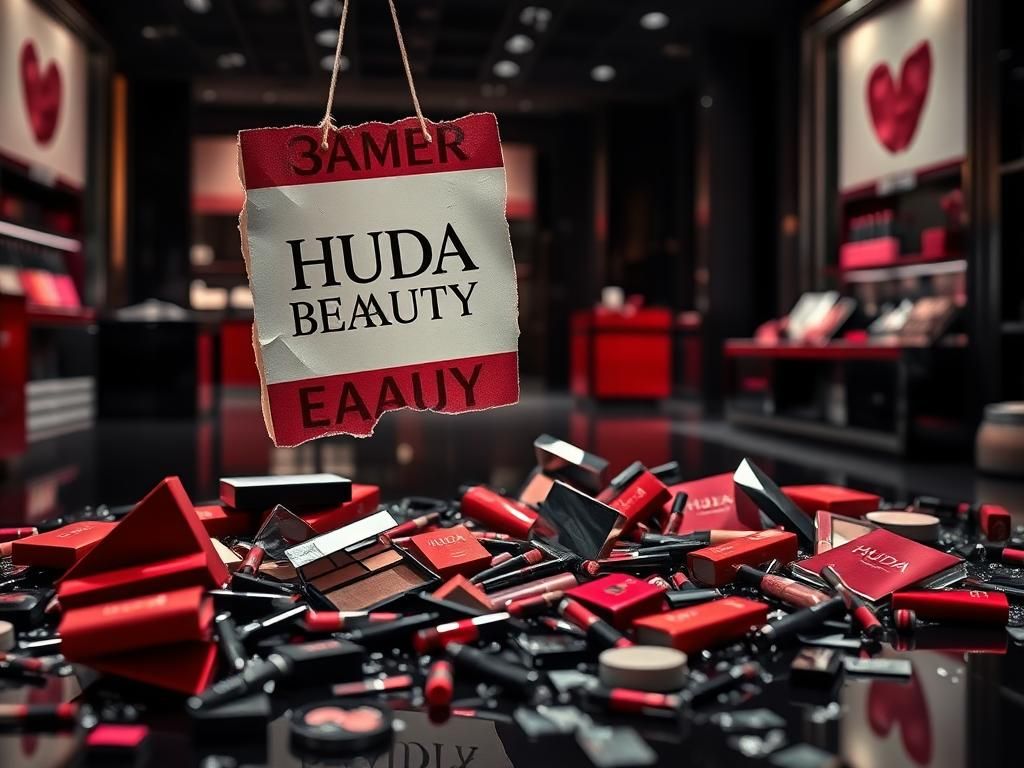 Flick International Shattered cosmetic display in a high-end makeup store with Huda Beauty products scattered on the floor