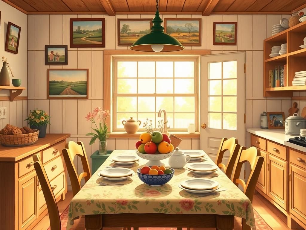 Flick International Cozy southern kitchen interior featuring rustic wooden dining table and warm decor