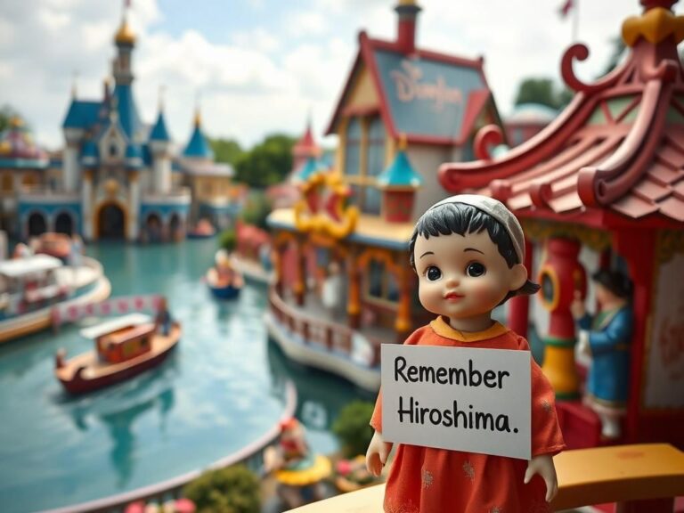 Flick International Child-like doll with 'Remember Hiroshima' sign placed beside a cultural display at Disneyland's 'It's a Small World' ride