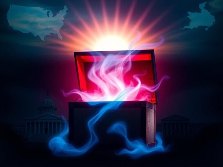 Flick International A large Pandora's Box partially open, with swirling blue and red mist, featuring iconic American symbols like the Capitol and Supreme Court.