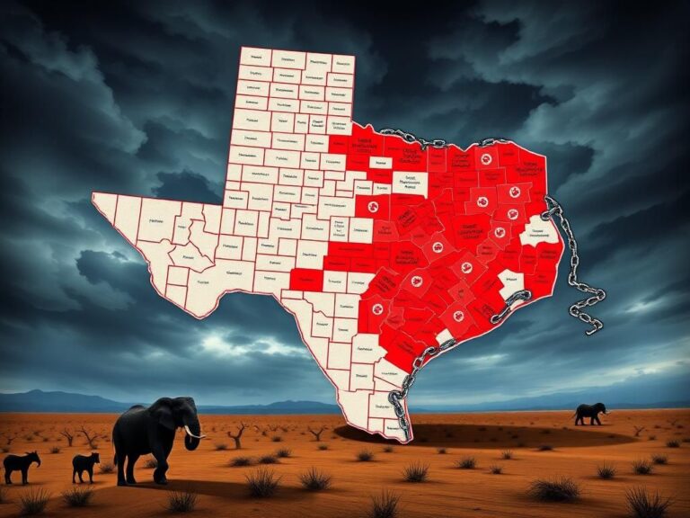 Flick International Dramatic map of Texas illustrating redistricting battle with highlighted political districts