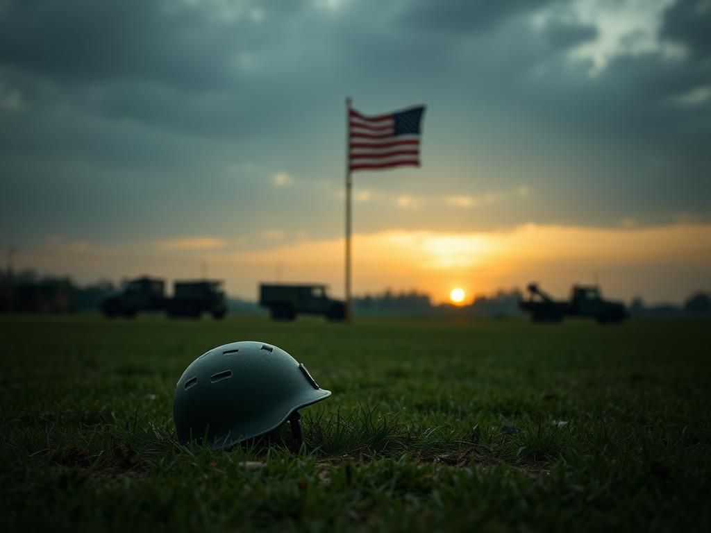 Flick International Empty military training ground at Fort Stewart with a soldier's helmet on the grass