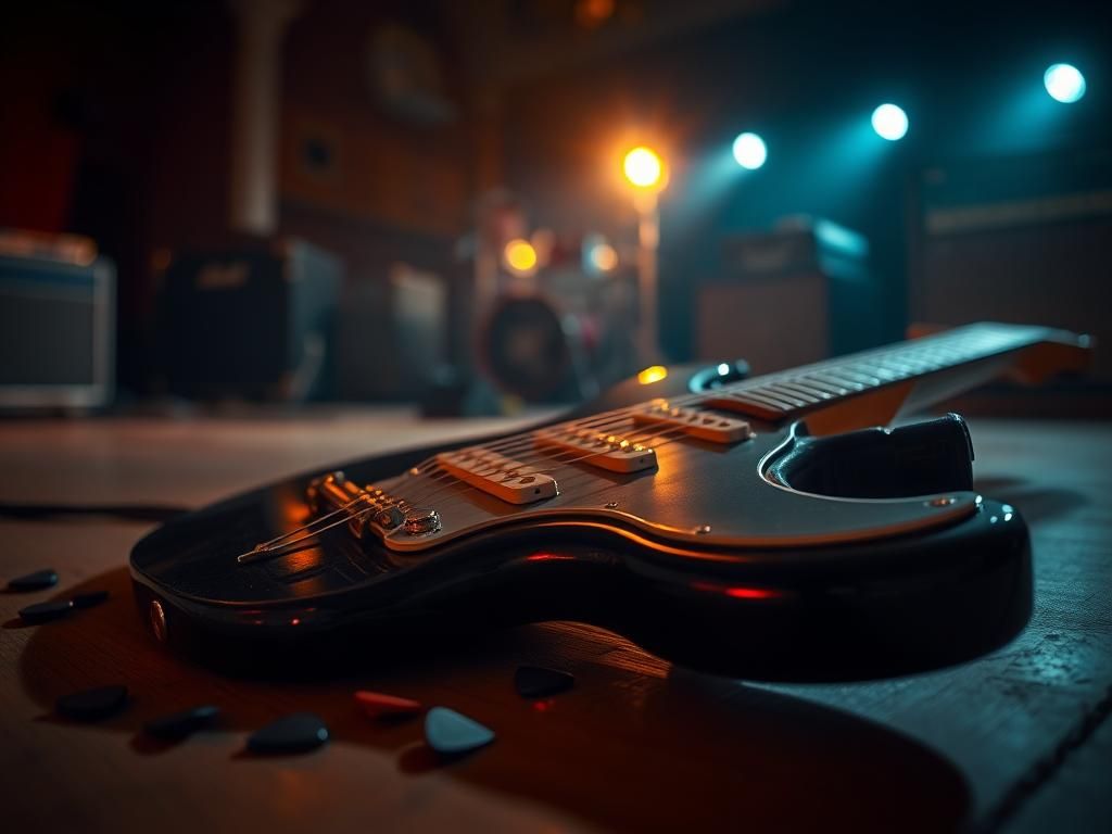 Flick International Close-up of a vintage electric guitar on stage under warm lights