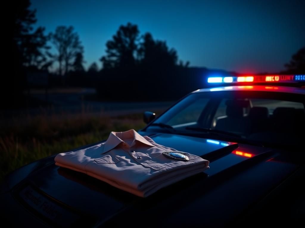 Flick International Maryland State Police cruiser with flashing lights on a dimly lit rural road, conveying tension and authority