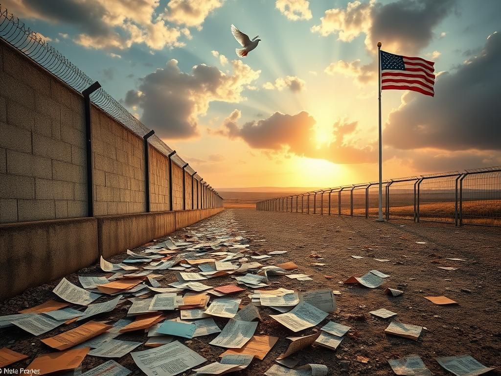 Flick International A cracked wall symbolizing barriers with colorful immigration documents scattered, representing diversity and hope.