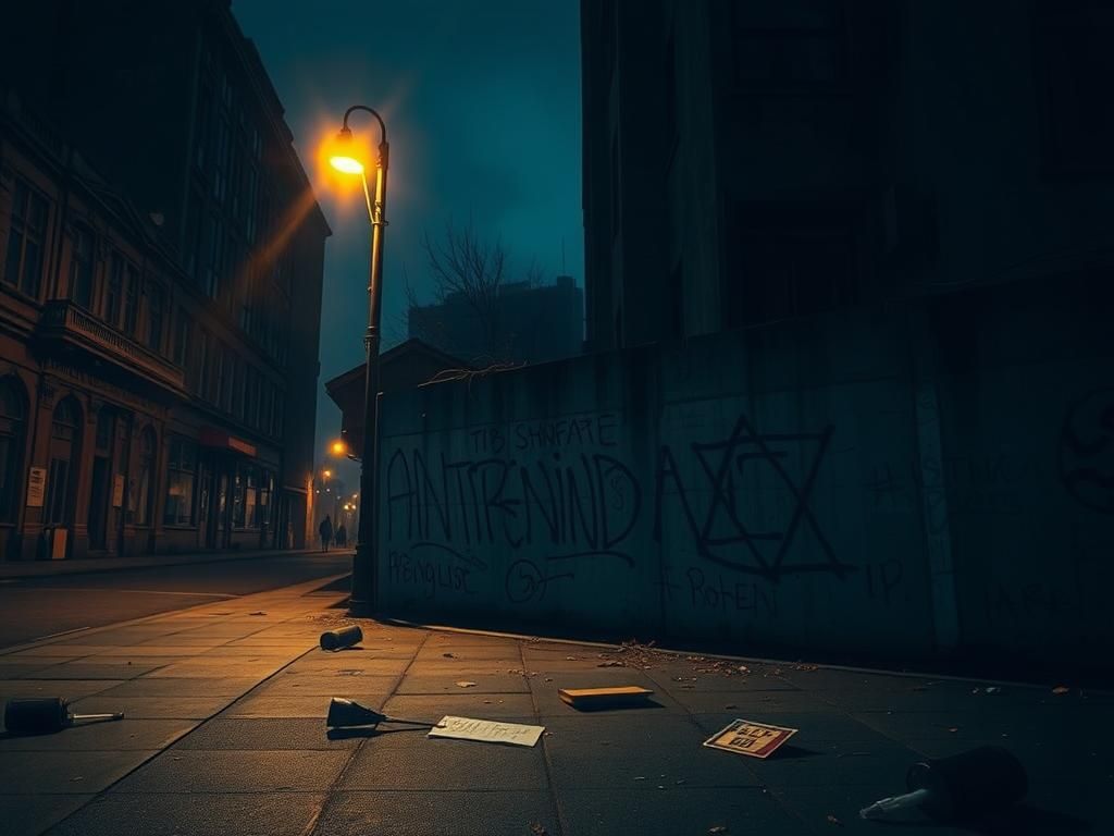 Flick International Somber urban street at night with antisemitic graffiti