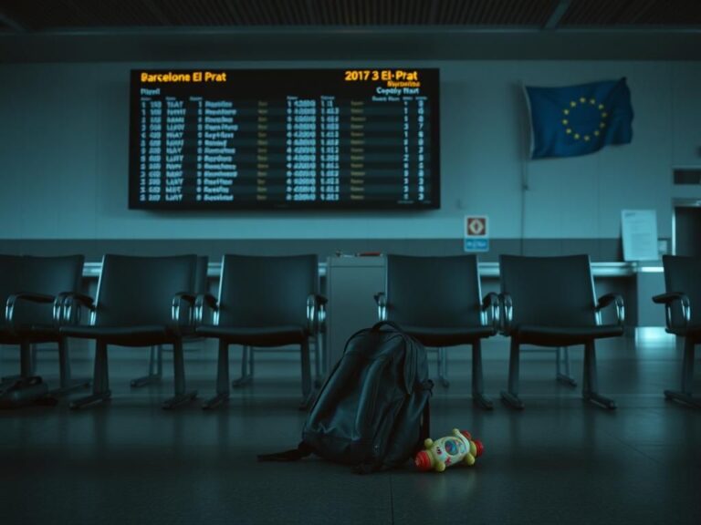 Flick International A 10-year-old boy abandoned at Barcelona-El Prat airport, surrounded by empty chairs and a neglected backpack