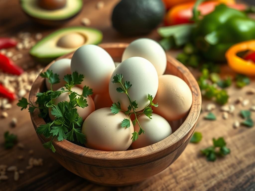 Flick International Close-up view of fresh eggs in a rustic wooden bowl surrounded by fresh herbs, symbolizing nutrition and health