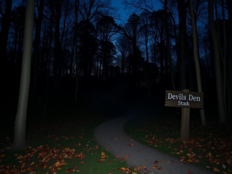 Flick International Serene yet haunting landscape of Devil's Den State Park during dusk with a winding trail