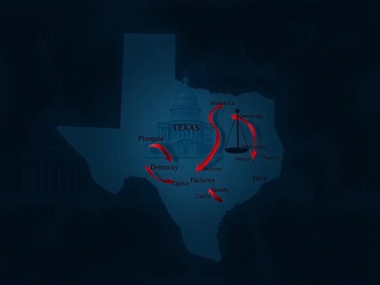 Flick International Shadowy map of Texas showing key cities and arrows indicating movement of Democratic lawmakers