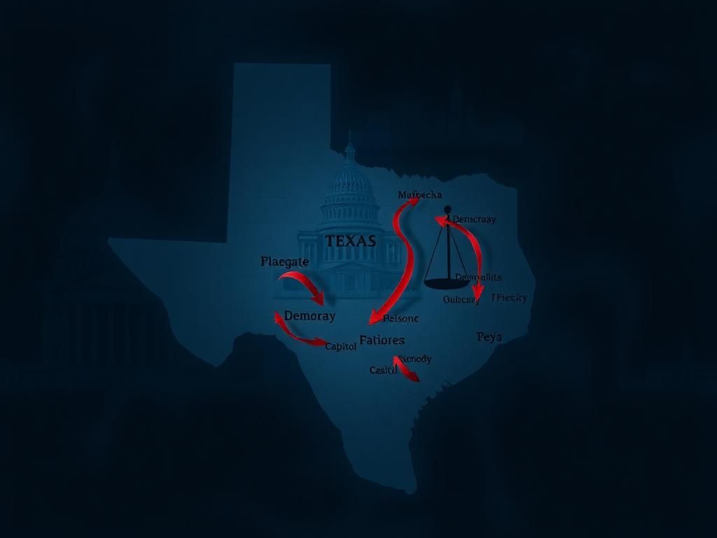 Flick International Shadowy map of Texas showing key cities and arrows indicating movement of Democratic lawmakers