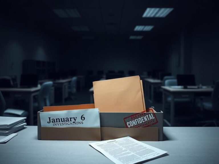 Flick International A somber office environment with empty desks and a manila folder labeled 'January 6 Investigations'