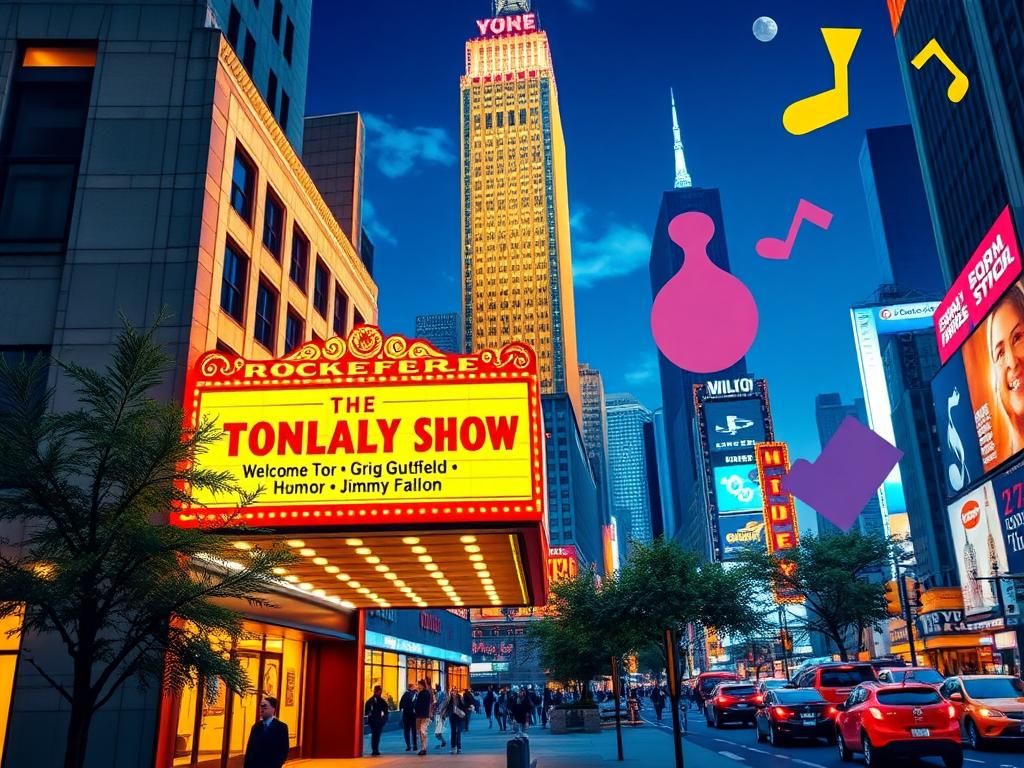 Flick International Vibrant nighttime cityscape of Rockefeller Center in New York City with The Tonight Show marquee