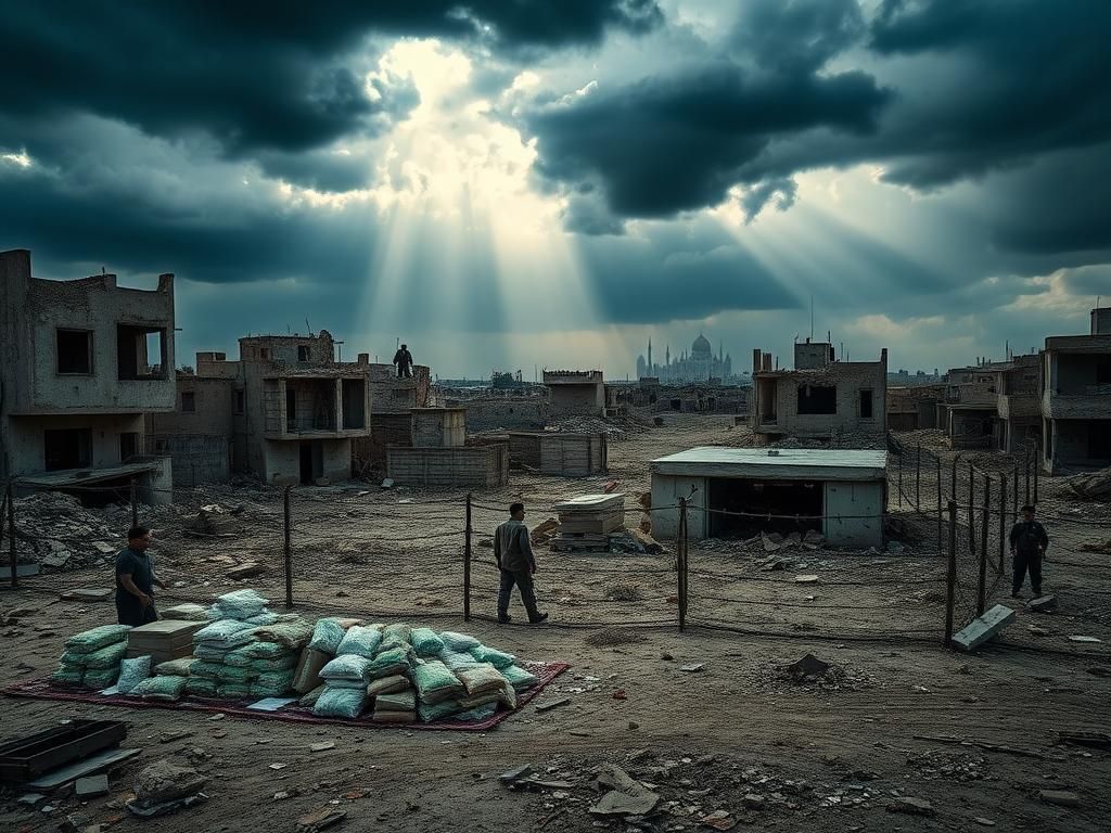 Flick International A desolate landscape of the Gaza Strip with crumbling buildings and a food distribution center symbolizing the humanitarian crisis