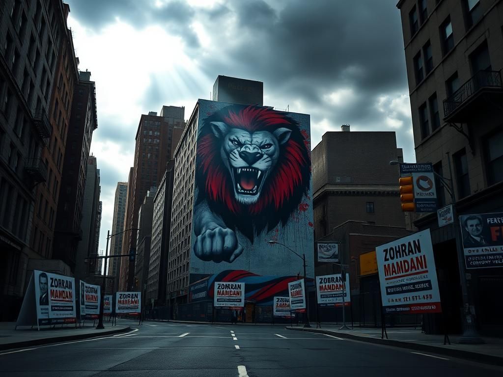 Flick International Dramatic mural of a fierce lion representing Zohran Mamdani's campaign spirit in New York City