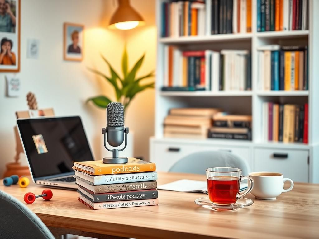 Flick International Cozy home office scene with a stylish desk, laptop, and vintage microphone