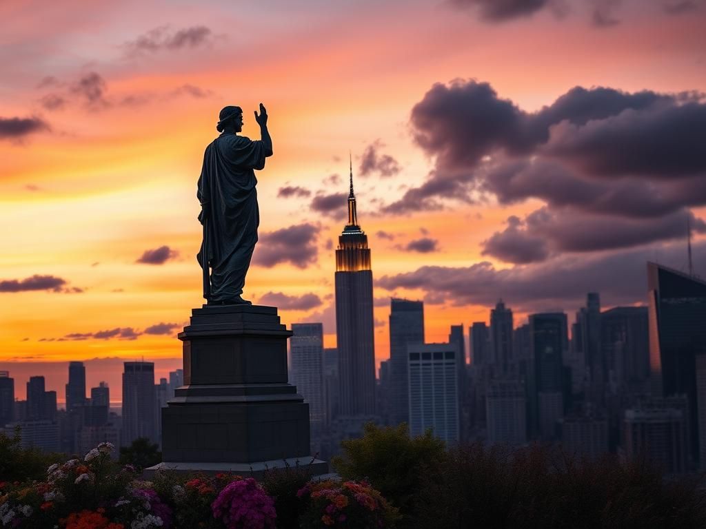 Flick International Panoramic view of New York City's skyline at dusk with an emblematic statue symbolizing unity