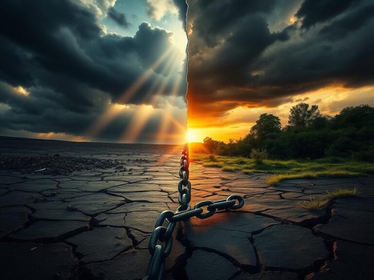 Flick International A powerful scene contrasting dark storm clouds with vibrant sunlight, symbolizing conflict and hope.