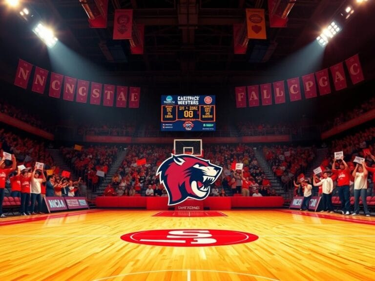 Flick International Dynamic basketball court scene with N.C. State Wolfpack logo and colorful cheering fans