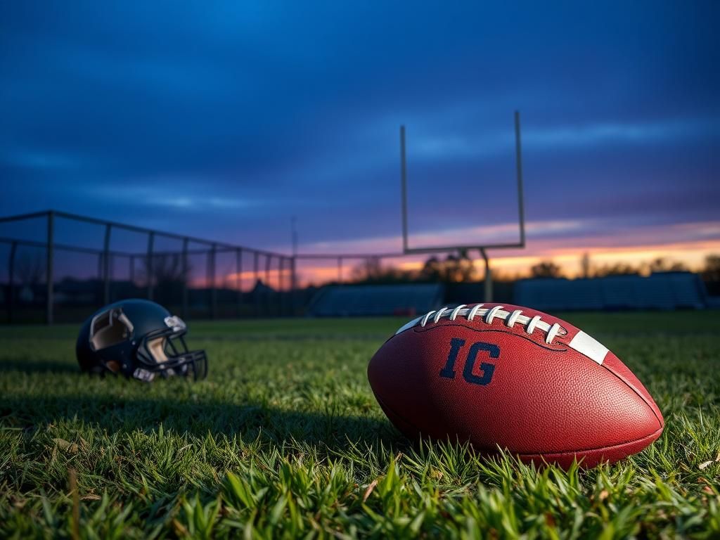 Flick International Worn football lying on grass at dusk on a high school football field