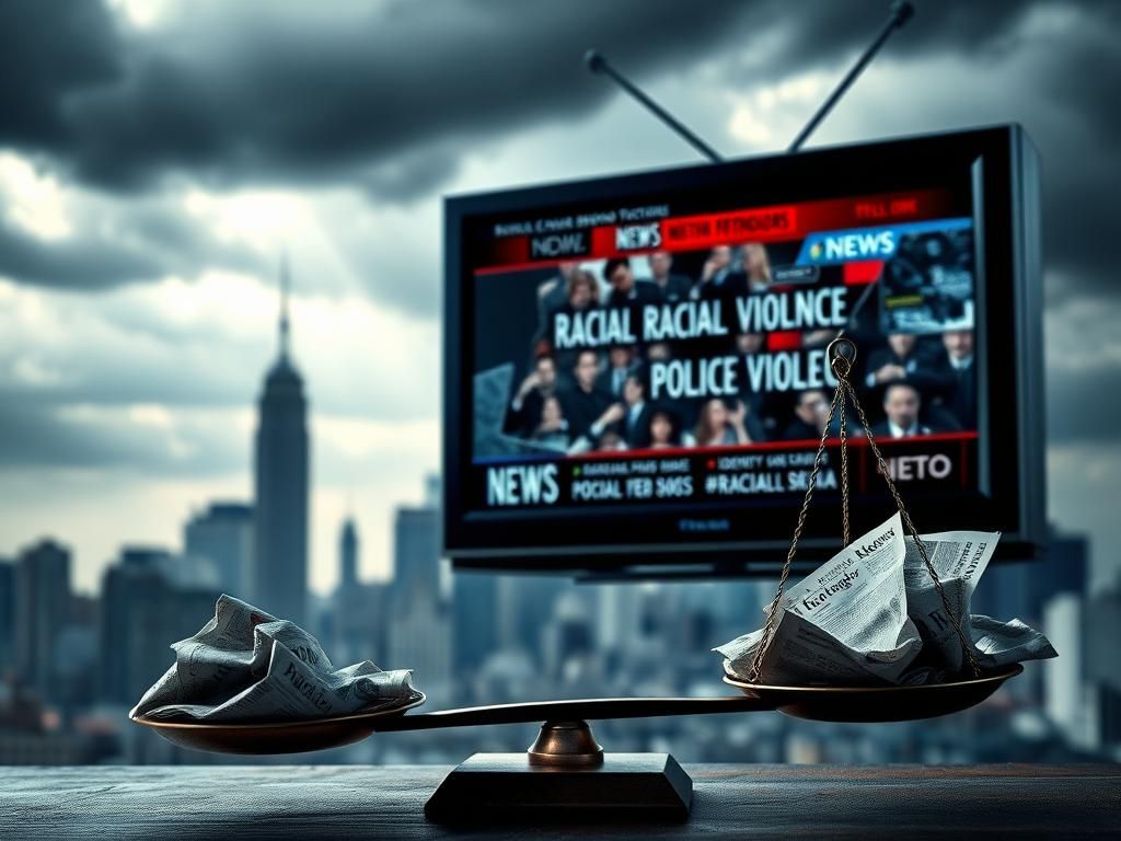 Flick International A broken television screen showing fragmented news headlines about racial violence