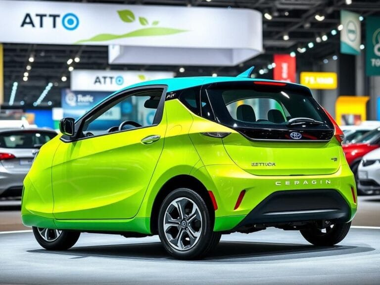 Flick International Sleek and modern electric hatchback car displayed at the Indonesia auto show