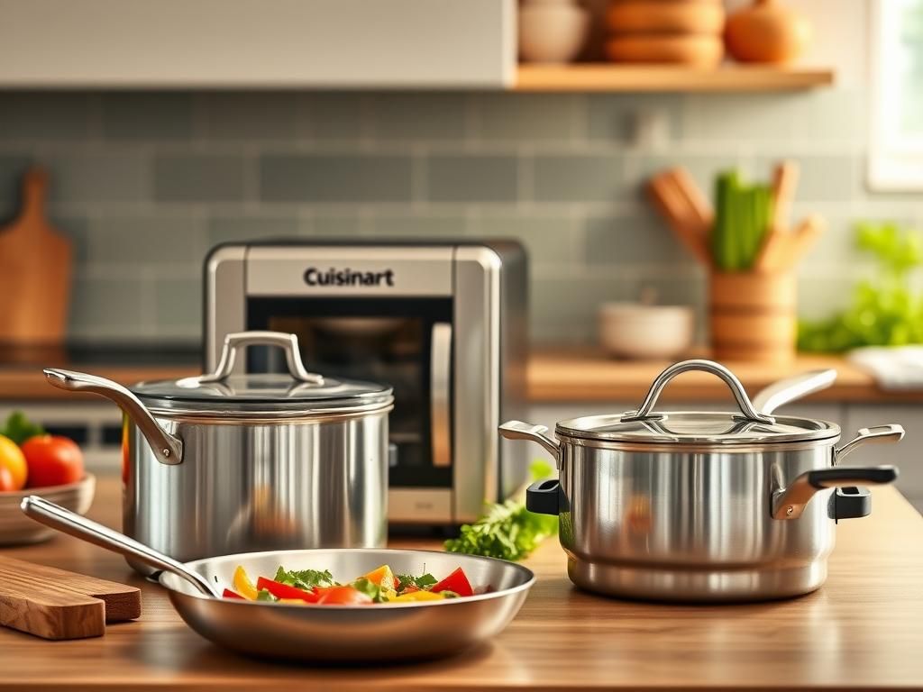 Flick International Beautifully arranged kitchen countertop with stainless steel cookware and small appliances.