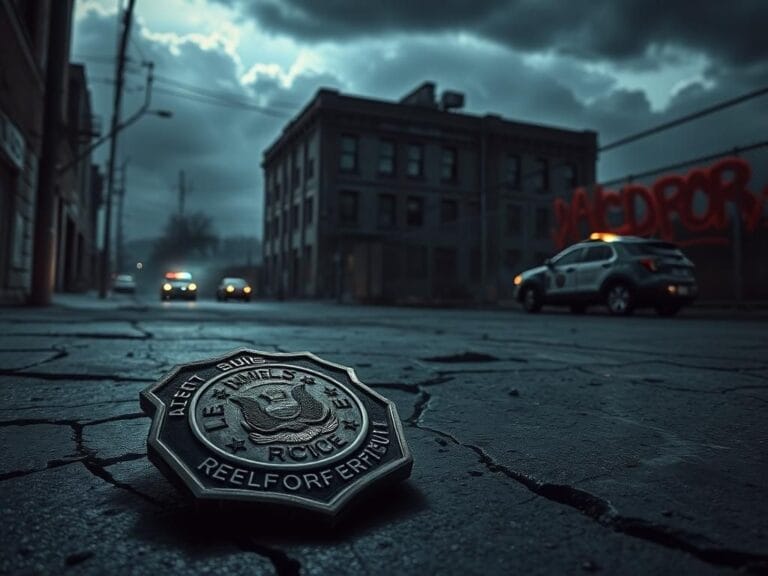 Flick International Dimly lit urban landscape showcasing a weathered ICE badge on cracked concrete