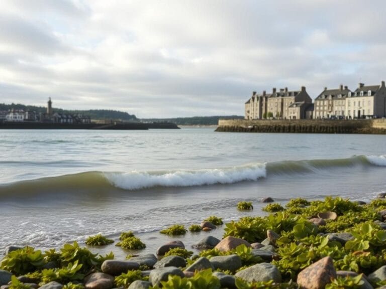 Flick International Serene coastal landscape of Aberdeen harbor showcasing vibrant seaweed and classic Scottish architecture