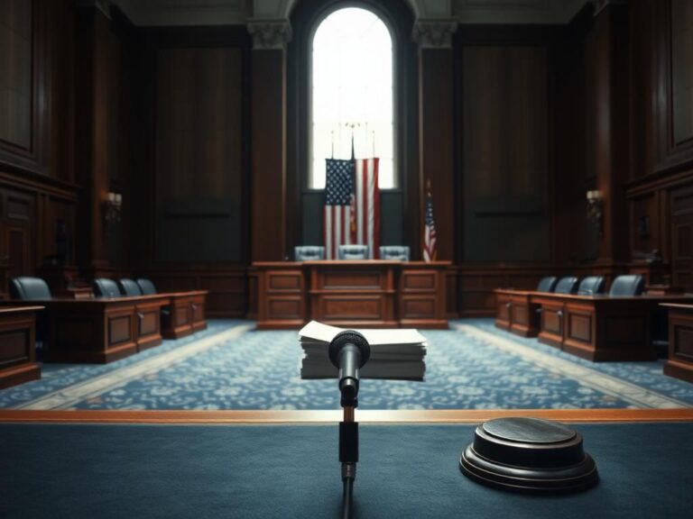 Flick International A grand empty congressional hearing room with an official gavel and important documents.