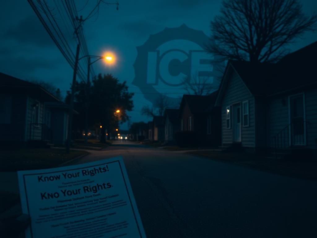 Flick International A dimly lit neighborhood street with closed doors and a 'Know Your Rights' flyer on the ground, representing community fear of immigration enforcement