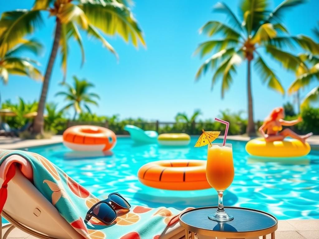 Flick International A vibrant poolside scene with basketball-themed decorations and tropical elements.