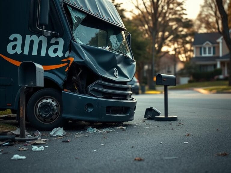 Flick International A crumpled Amazon delivery truck parked on a suburban street after a head-on collision.