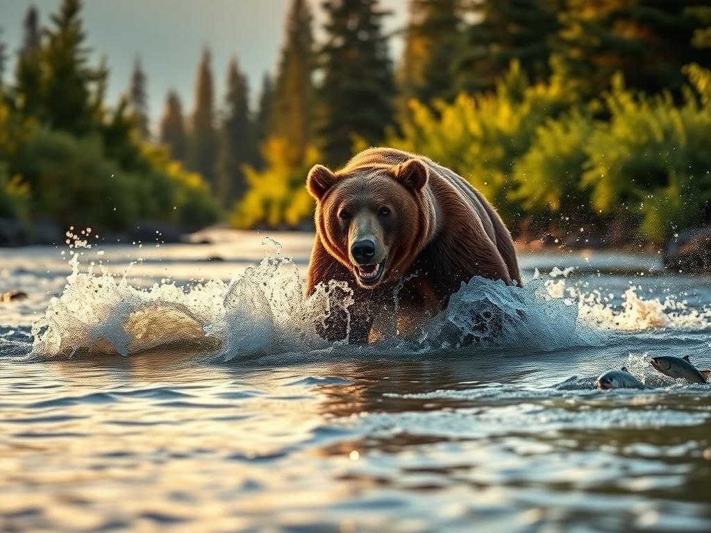 Flick International A brown bear charging through a river in Katmai National Park, Alaska