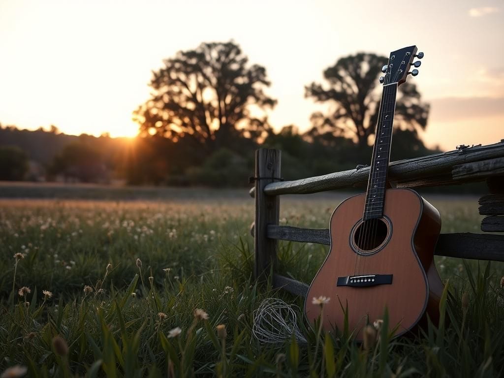 Flick International A serene landscape featuring a sunlit field at dusk with wildflowers and a weathered acoustic guitar against a wooden fence