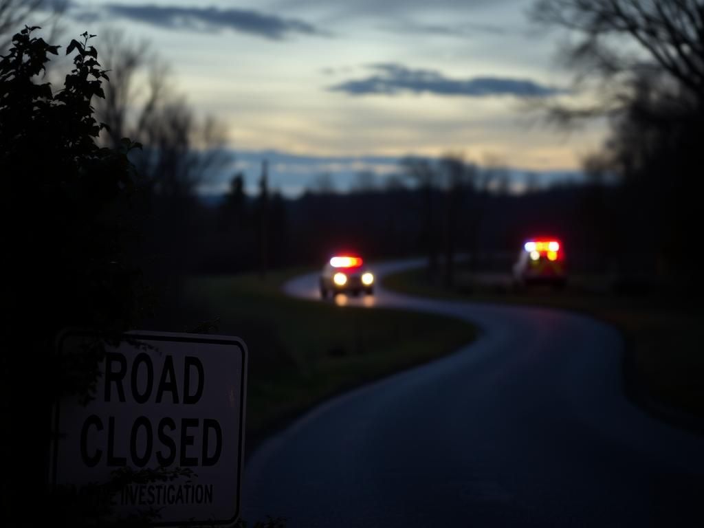 Flick International A somber Pennsylvania landscape at dusk with police barricade and flashing lights