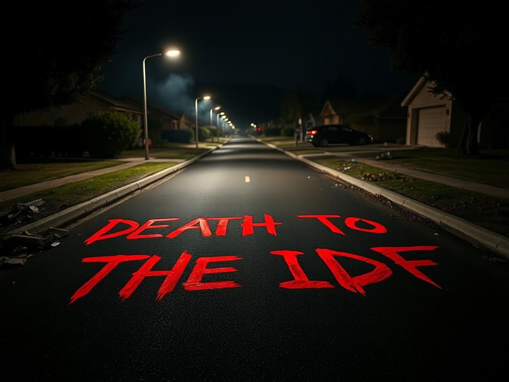 Flick International Dark suburban driveway with ominous red spray paint saying 'DEATH TO THE IDF'