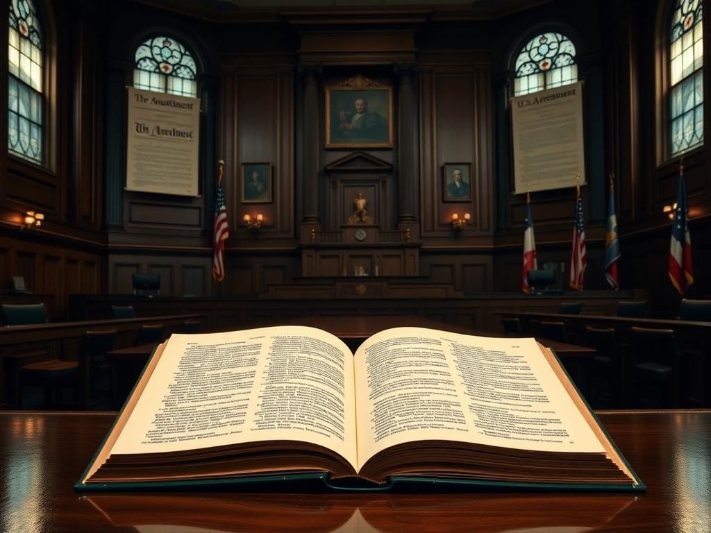 Flick International Dramatic courtroom interior with wooden benches and a grand judge's bench