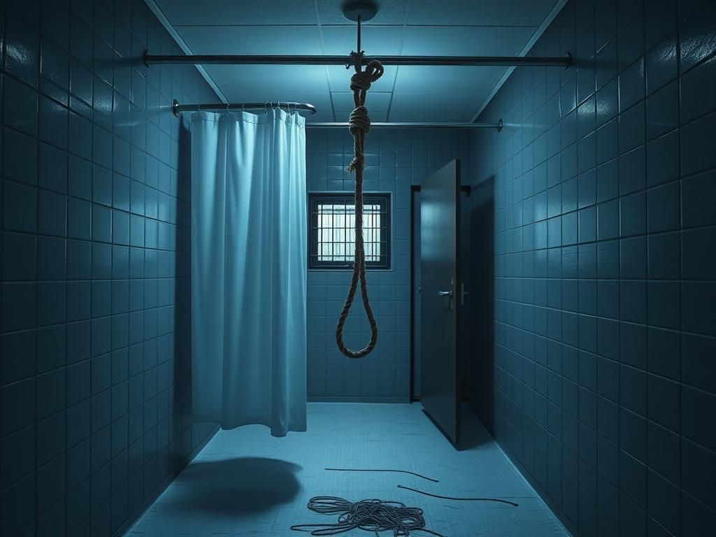 Flick International Empty noose hanging in a dimly lit detention center shower room