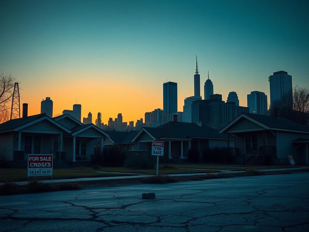 Flick International A somber urban landscape at dusk featuring unoccupied houses with 'For Sale' signs, symbolizing the housing crisis.