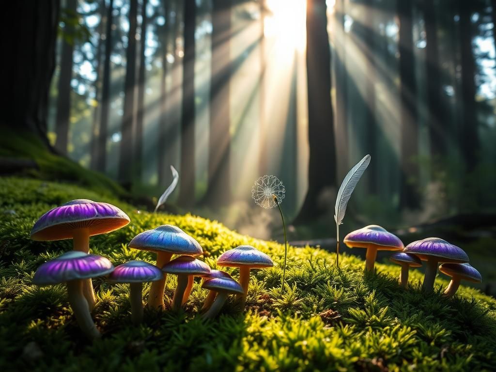 Flick International Vibrant psilocybin mushrooms emerging from lush moss in a mystic forest.