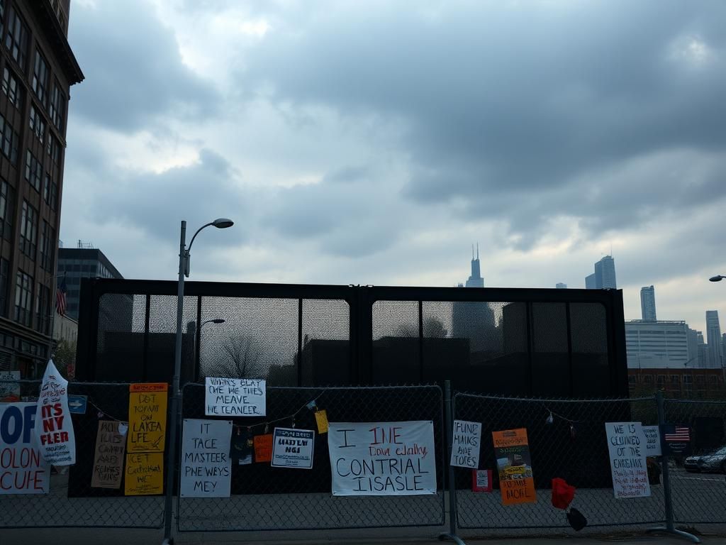 Flick International Urban Chicago street scene with protest signs against ICE operations