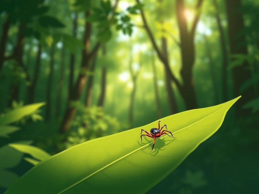 Flick International Close-up of a deer tick on a leaf in a lush forest setting, illustrating the hidden dangers of nature.