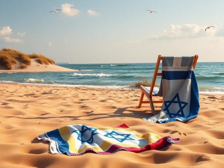 Flick International Serene New York beach scene with colorful beach towel featuring the Star of David