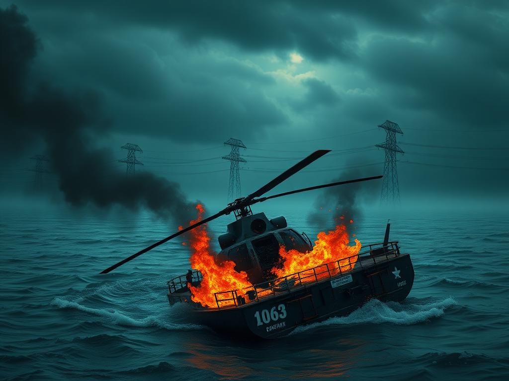 Flick International Helicopter crash scene showing a burning barge on the Mississippi River