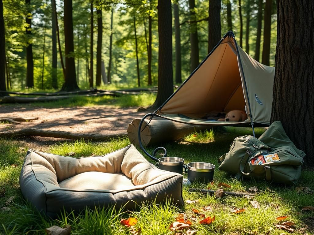 Flick International A serene camping scene with a dog bed and outdoor gear for dogs